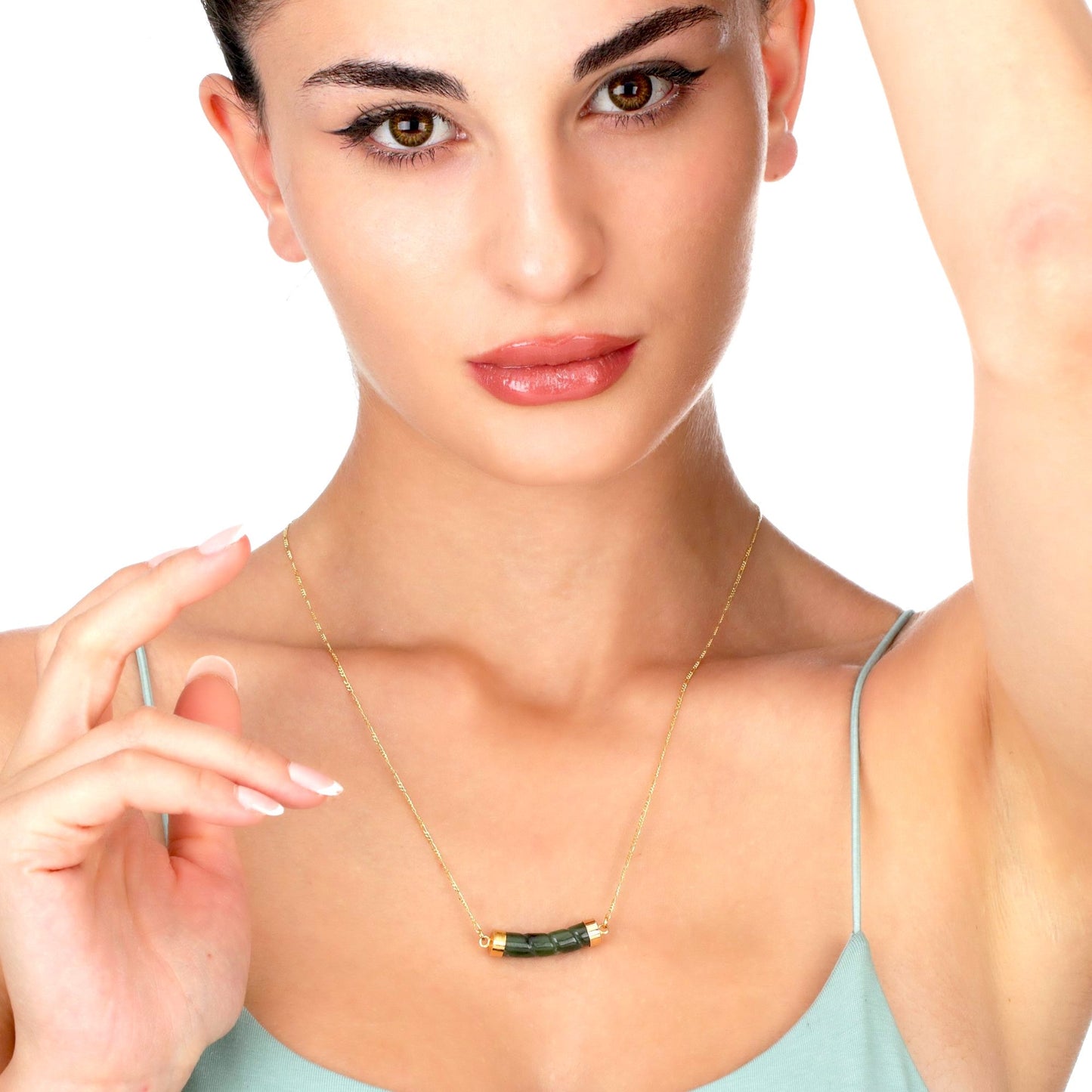 Jade Stab Gold Chain - 925 Sterling Gold Plated Crystal Green Gem…