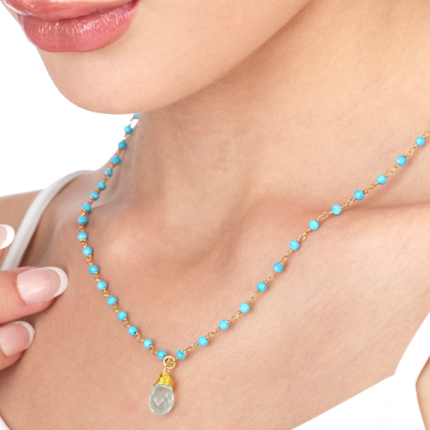 Chalcedon Drop Gold Chain - Gold Plated Blue Gem Rondella Elegant…
