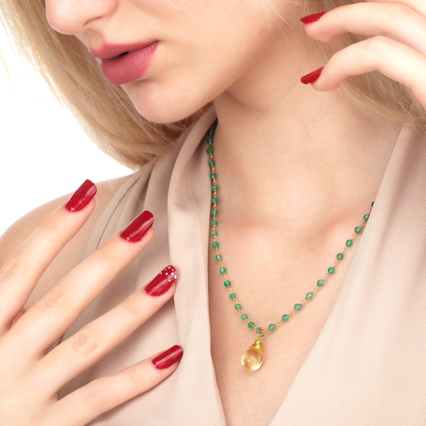 Gemstone necklace with Aventurine and Citrine teardrop pendant - VIK-26