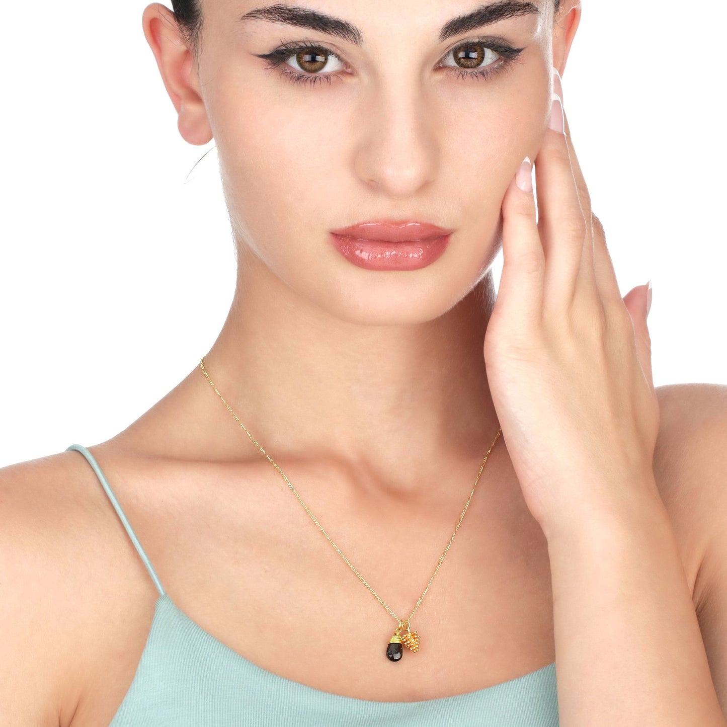 925 Moldavit & pine cones Sterling gilded gemstone chain
