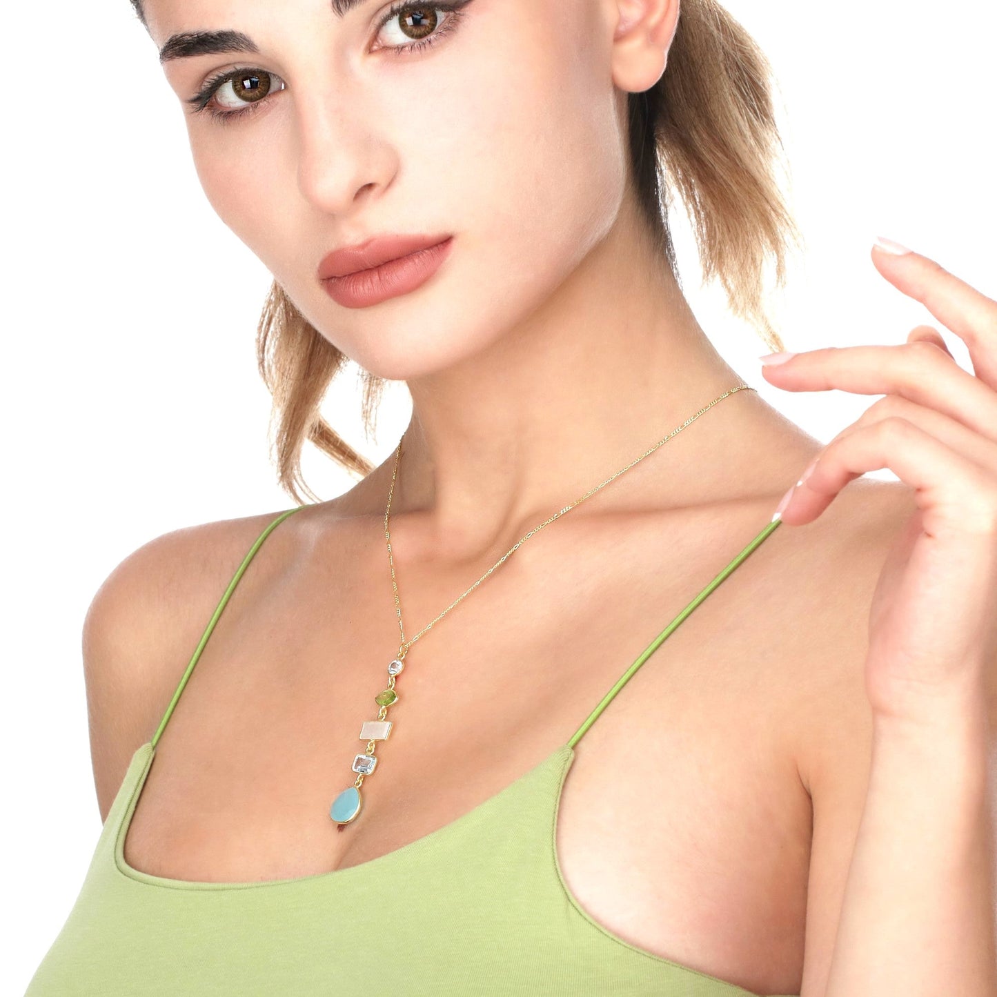 925 Sterling Silver Gold-Plated Multi-Gemstone Necklace (PR062)