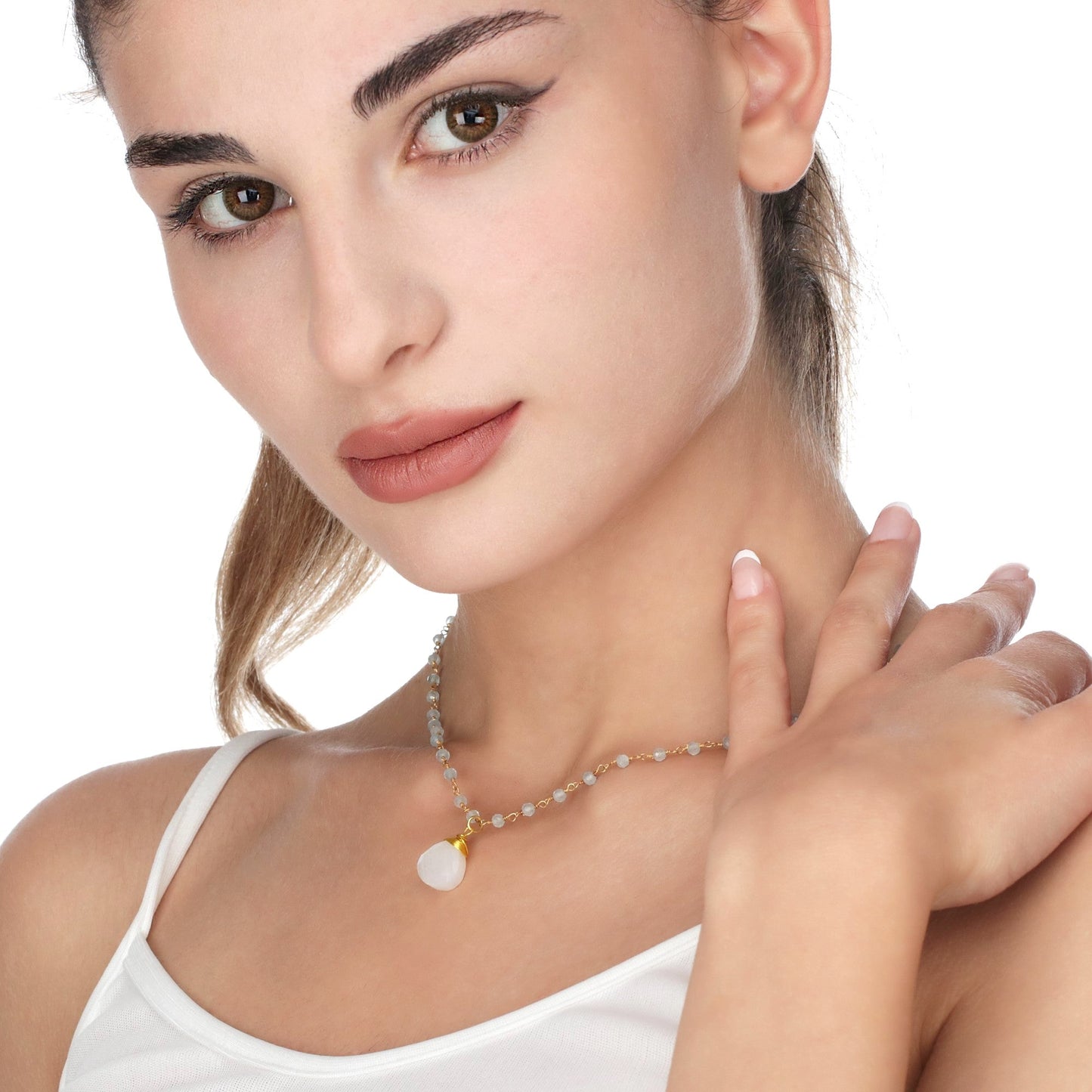 Moonstone & Aquamarine Gemstone Teardrop Pendant Necklace Gold