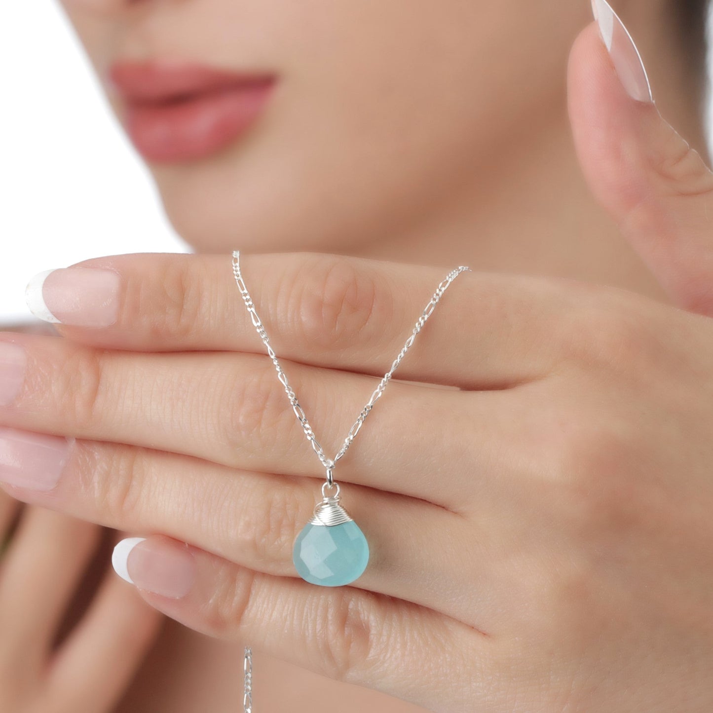 Chalcedon Drop Silver Chain - 925 Sterling Silver Blue Crystal Gem…