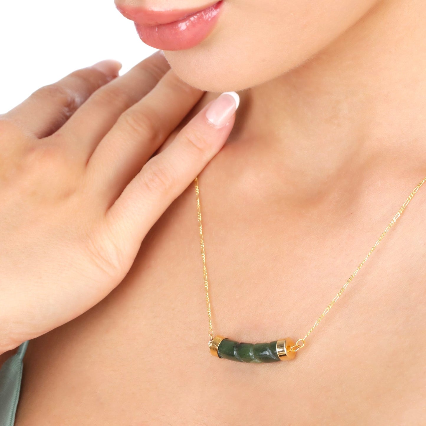 Jade Stab Gold Chain - 925 Sterling Gold Plated Crystal Green Gem…