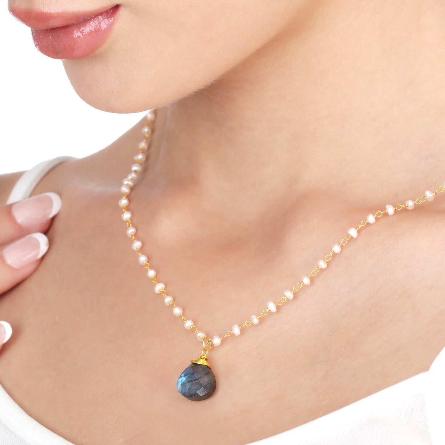 Labradorite & Freshwater Pearl Gemstone Drop Pendant Necklace Gold