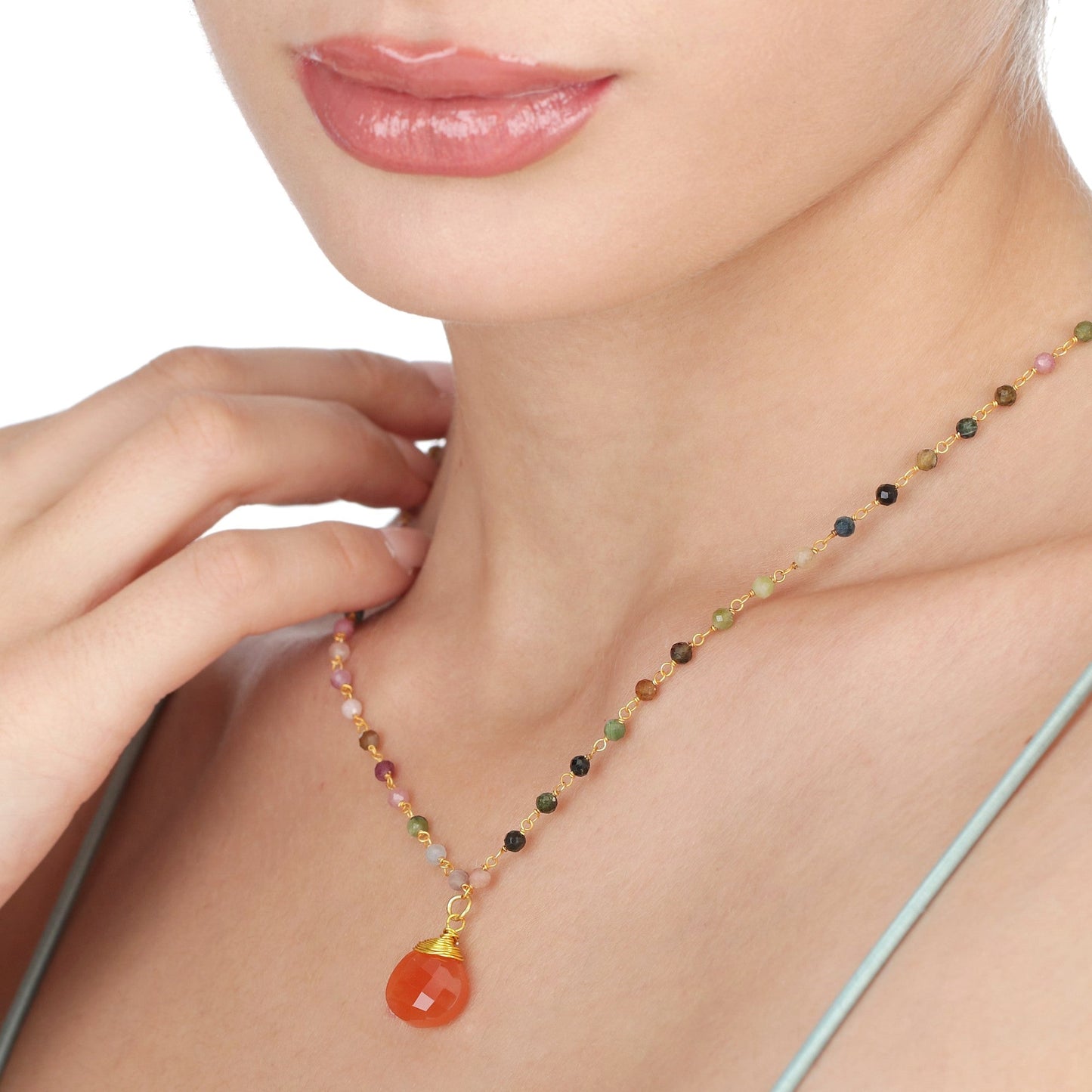 Carnelian & Tourmaline Gemstone Teardrop Pendant Necklace Gold - VIK