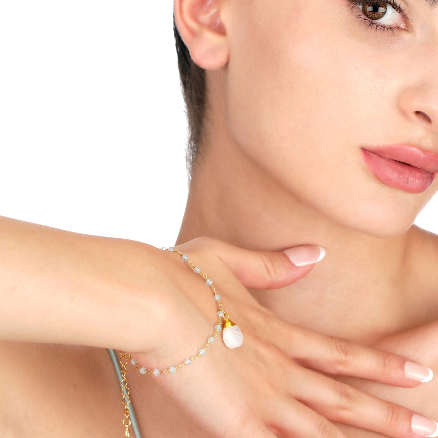 Moonstone & Aquamarine Gemstone Teardrop Bracelet Gold - RETARM-41
