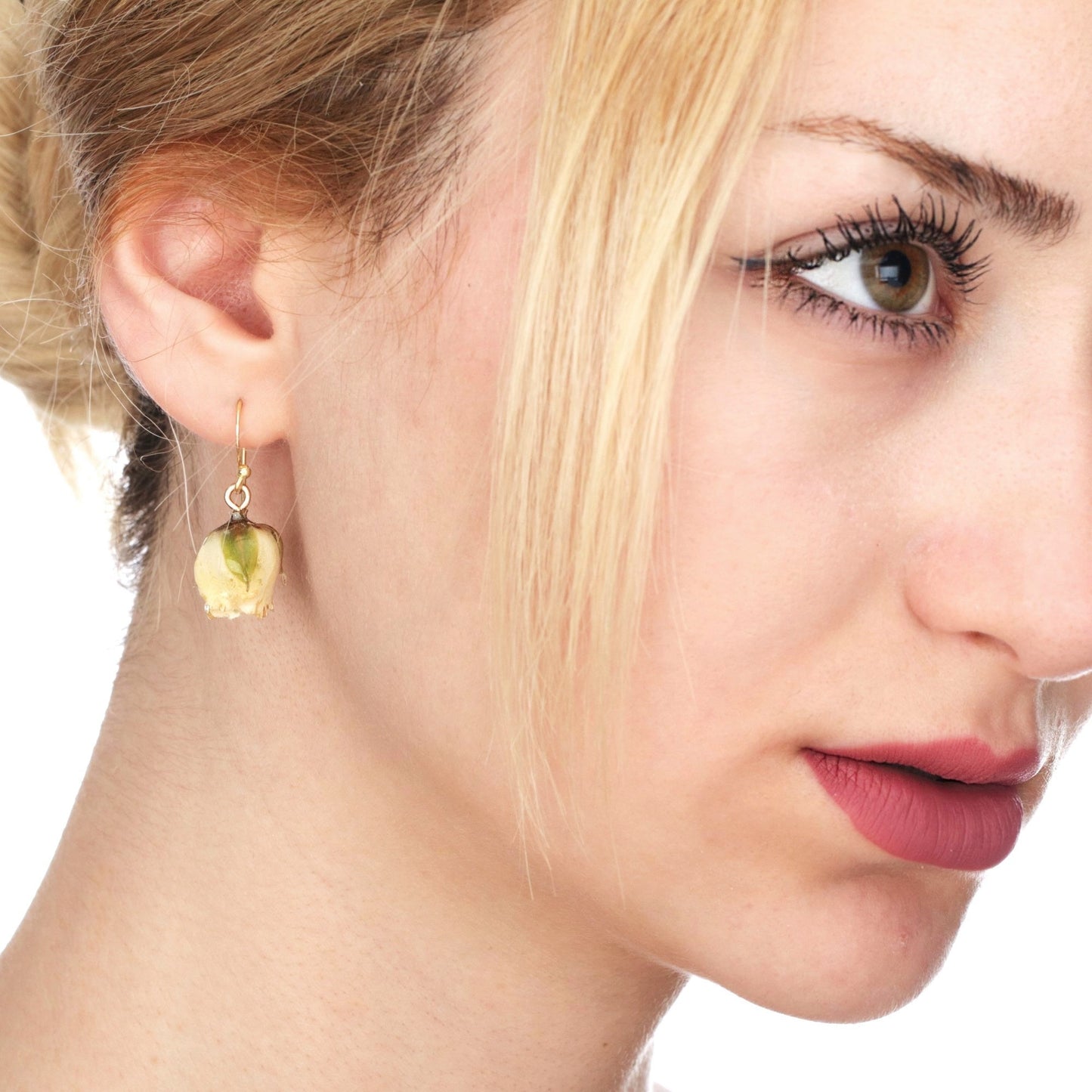 Real Small Rose Earrings - Cream White - 925 Sterling Gold Plated