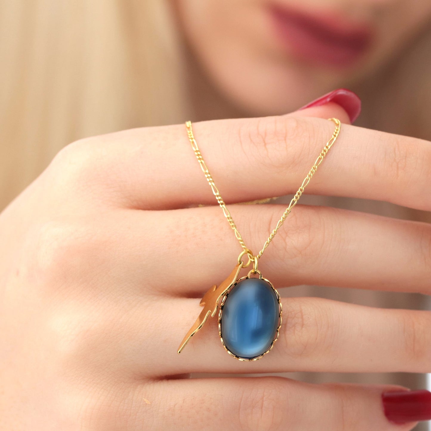 Swallow Blue Cabochon Pendant Chain - 925 Sterling Gold Plated…