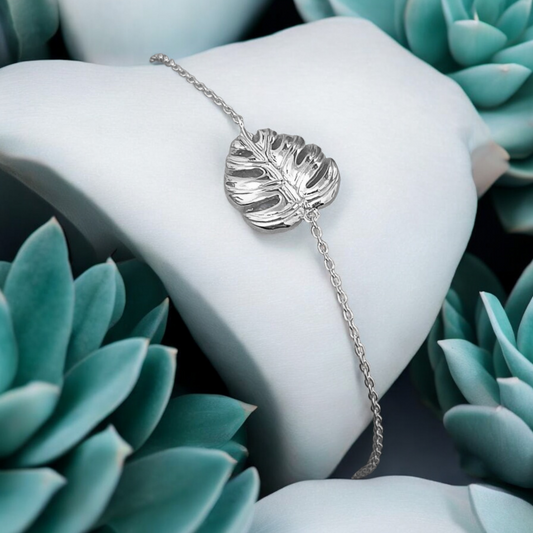Monstera Leaf Bracelet - 925 Sterling Silver Exotic Plant Nature Jewelry