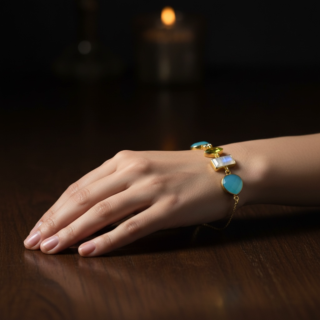 Multi Gemstone Bracelet - 925 Sterling Gold plated with Peridot…