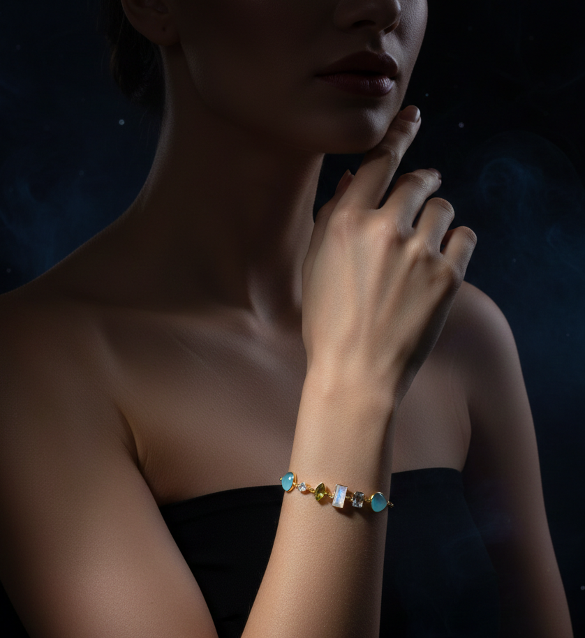 Multi Gemstone Bracelet - 925 Sterling Gold plated with Peridot…