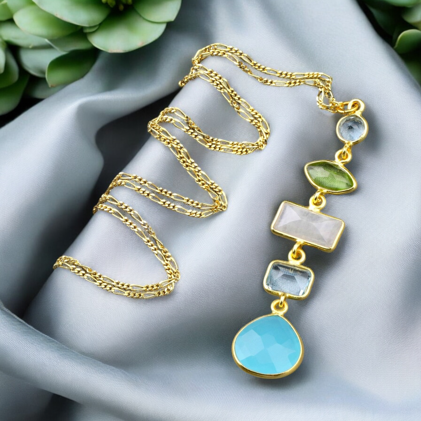 925 Sterling Silver Gold-Plated Multi-Gemstone Necklace (PR062)