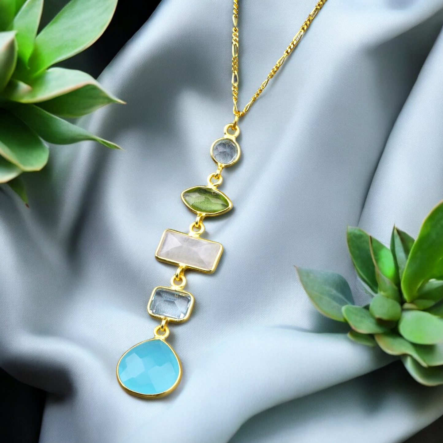 925 Sterling Silver Gold-Plated Multi-Gemstone Necklace (PR062)