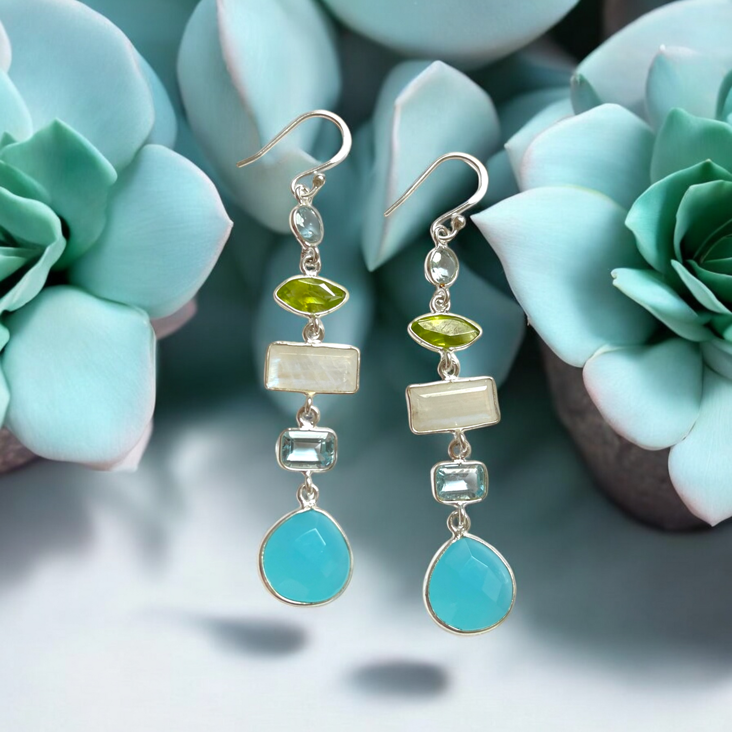 Multi Gemstone Earrings - 925 Sterling Silver - Rock Crystal…