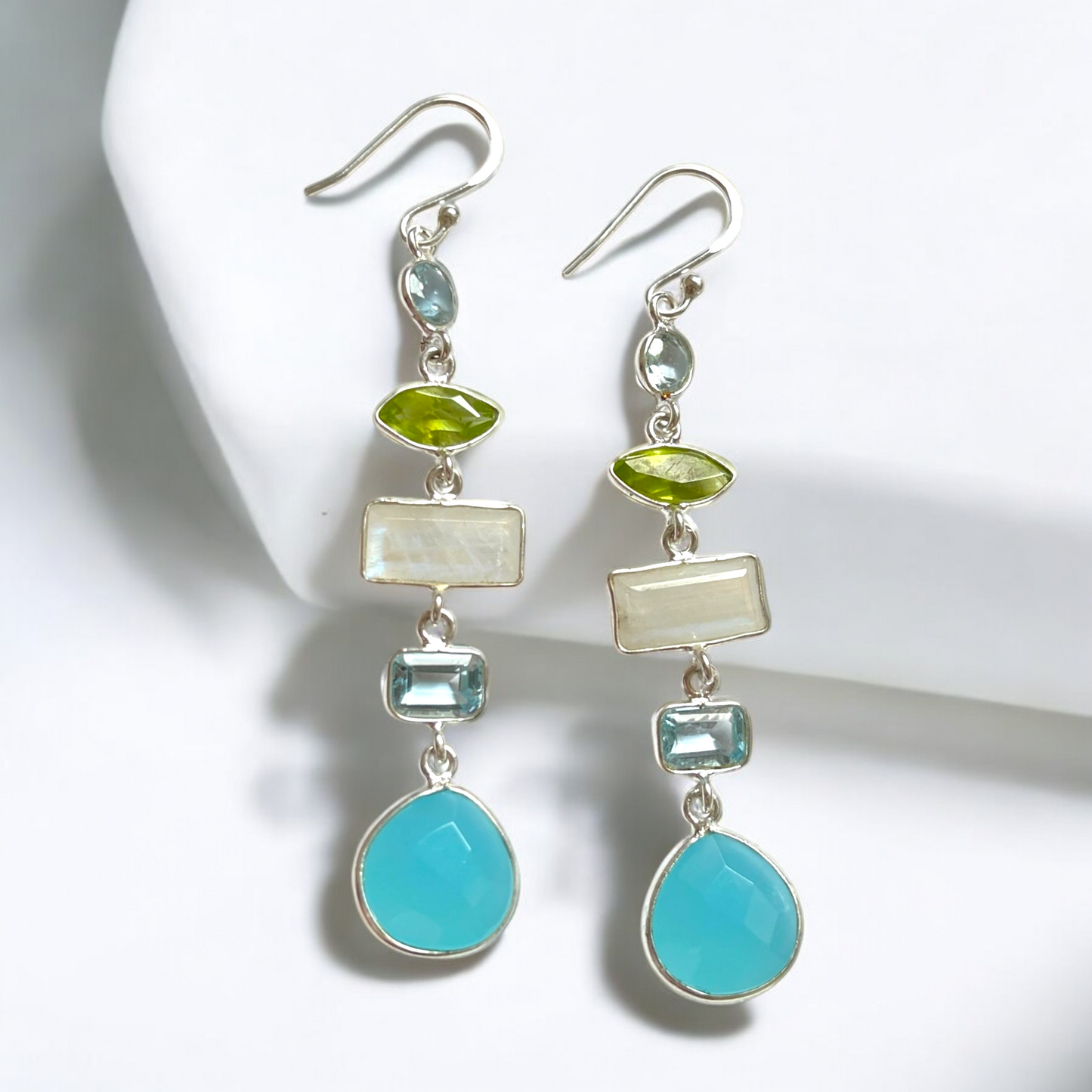 Multi Gemstone Earrings - 925 Sterling Silver - Rock Crystal…