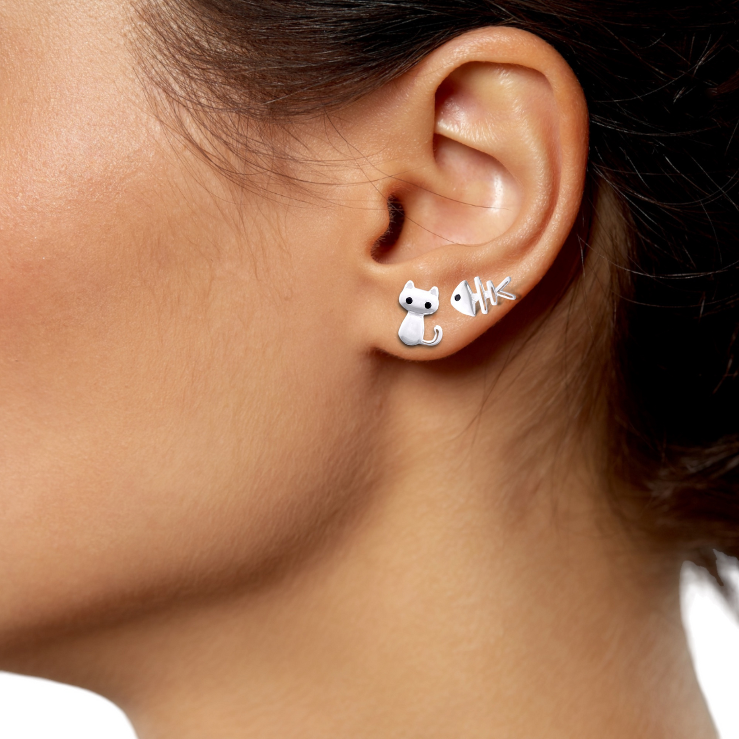 Cat & Fish — 925 Sterling Silver Stud Earrings