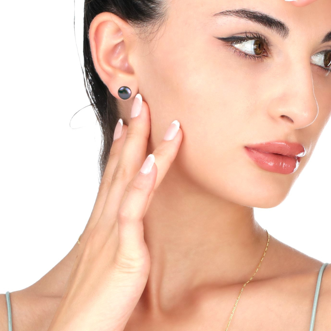 Dark Blue Pearl Stud Earrings made of 925 Sterling Silver |…