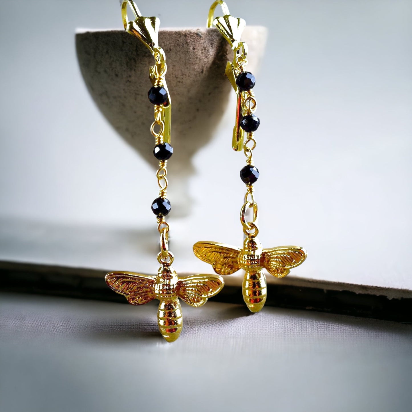 Golden Bees Earrings - Gem School Black Onyx Summer Jewelry — 66