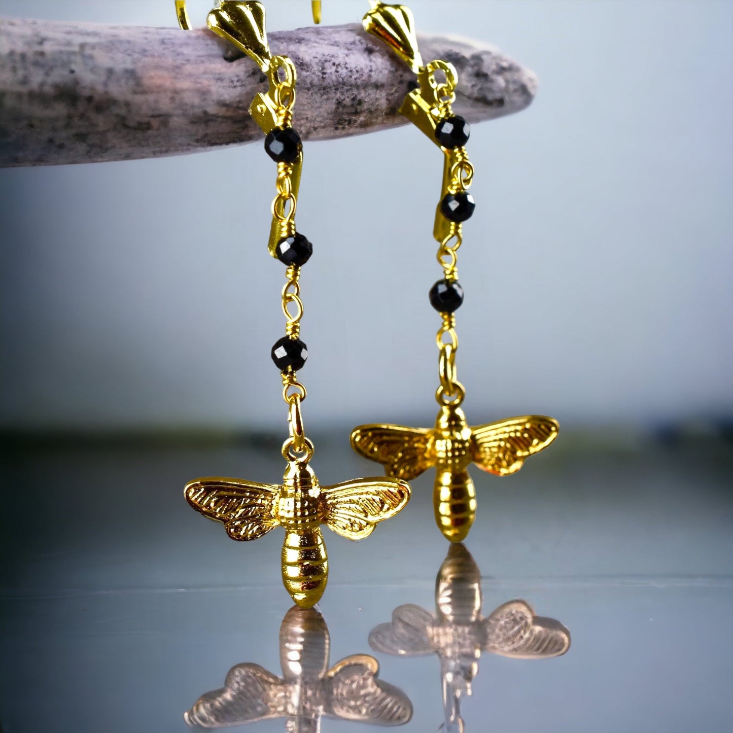 Golden Bees Earrings - Gem School Black Onyx Summer Jewelry — 66