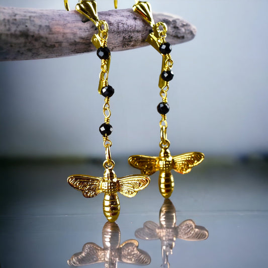Golden Bees Earrings - Gem School Black Onyx Summer Jewelry — 66