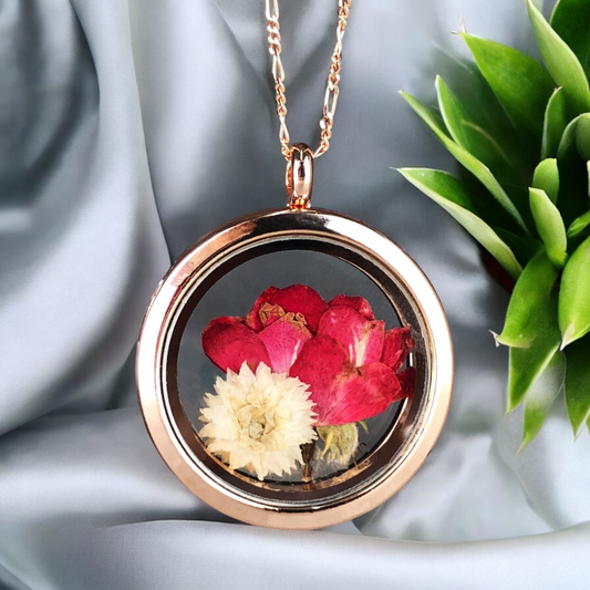 Real Rose and Chrysanthemum 925 Sterling Rosegold Gilded Medaillon Chain