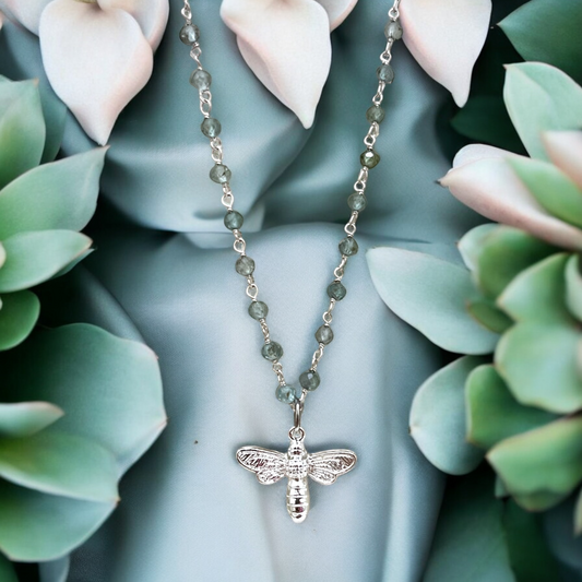 Gemstone Necklace with Blue Apatite and Bee Pendant – Elegant Nature…