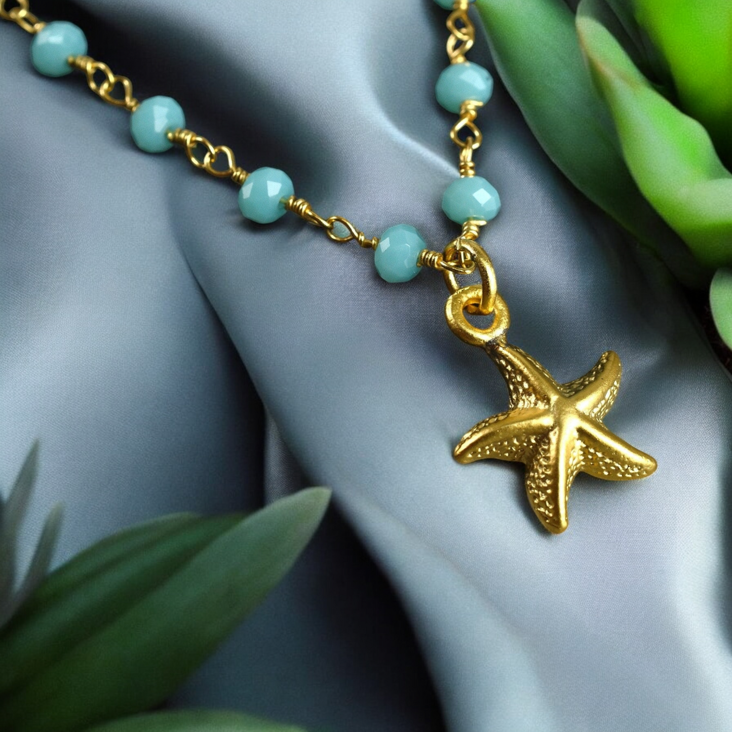 Chalcedon Seeds Gold Necklace - Gold Plated Gem Rondelles Maritime Chain