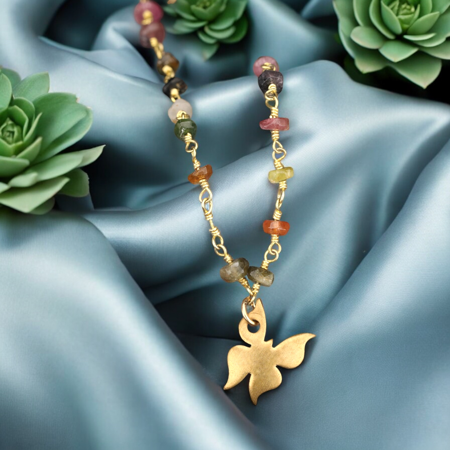 Gold Plated Tourmaline Bracelet with Butterfly Charm – Minimalist…