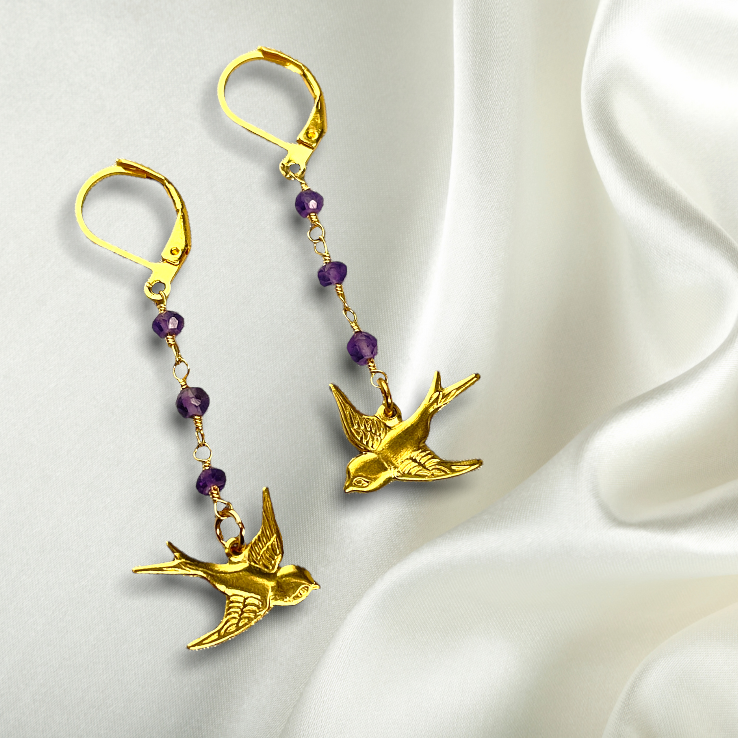 Amethyst swallows gold earrings