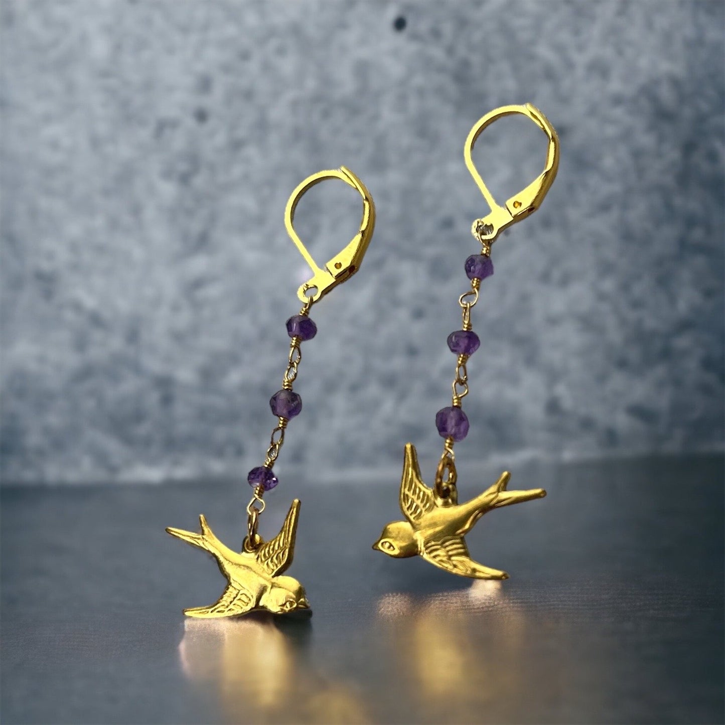 Amethyst swallows gold earrings