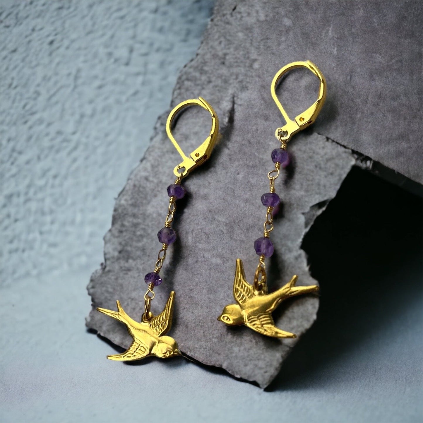 Amethyst swallows gold earrings