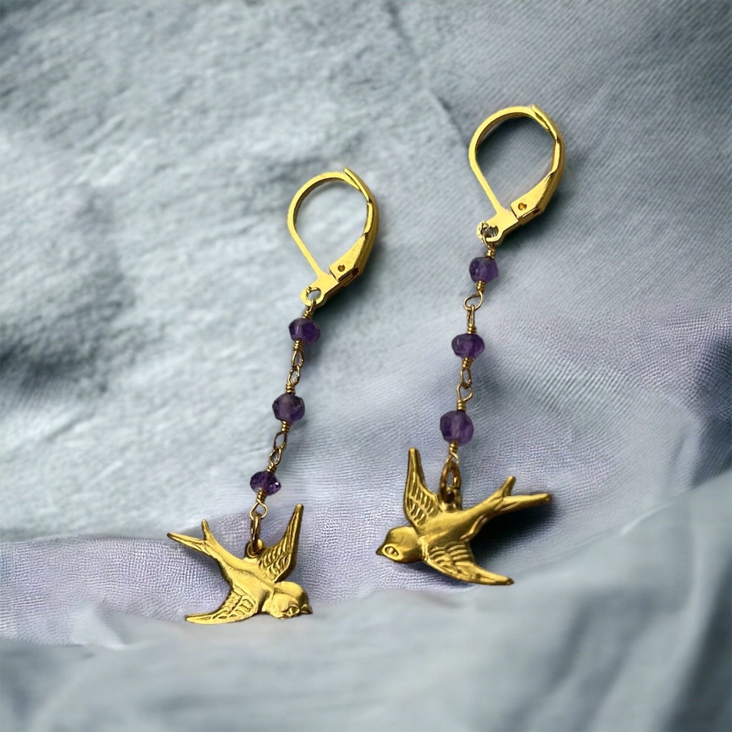 Amethyst swallows gold earrings