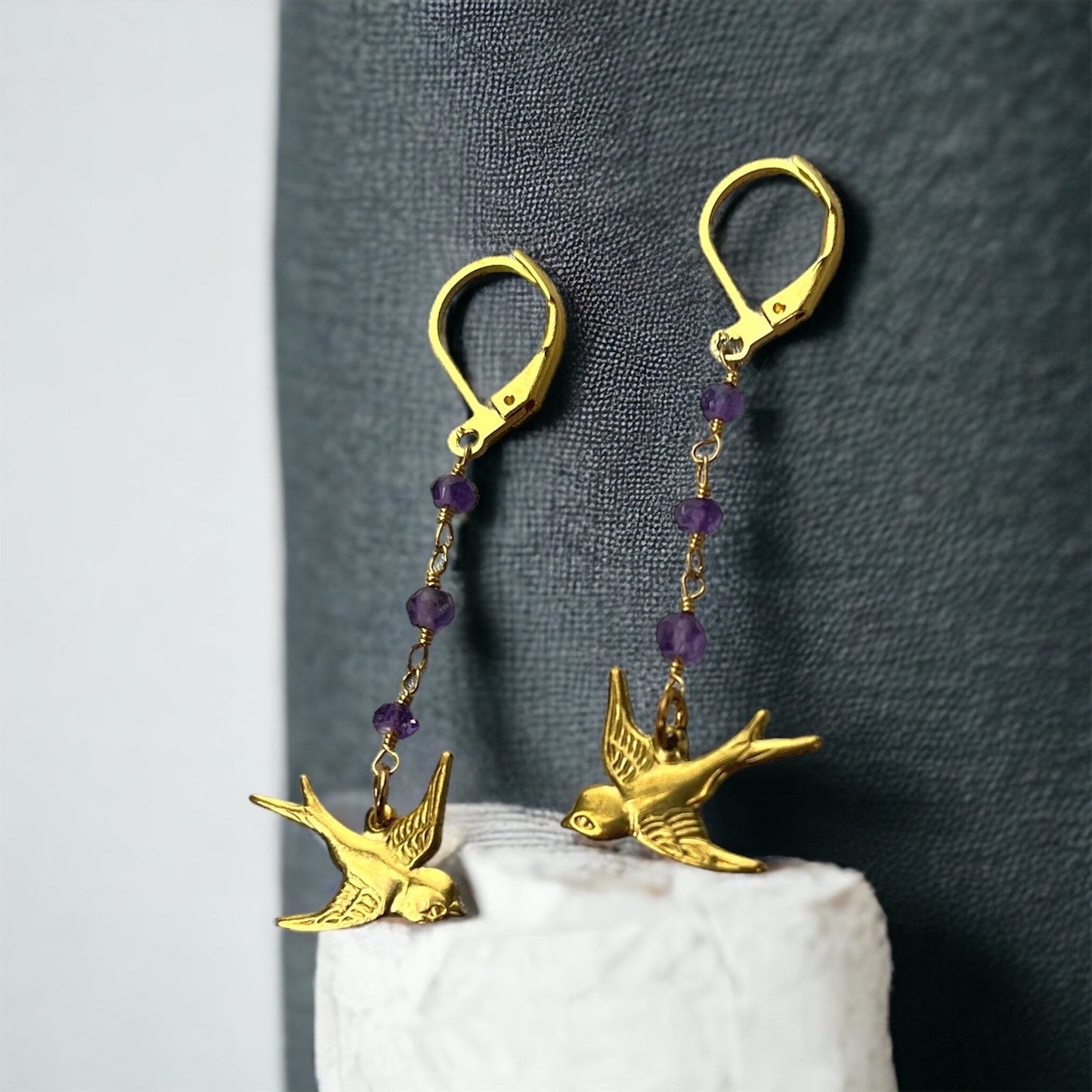 Amethyst swallows gold earrings
