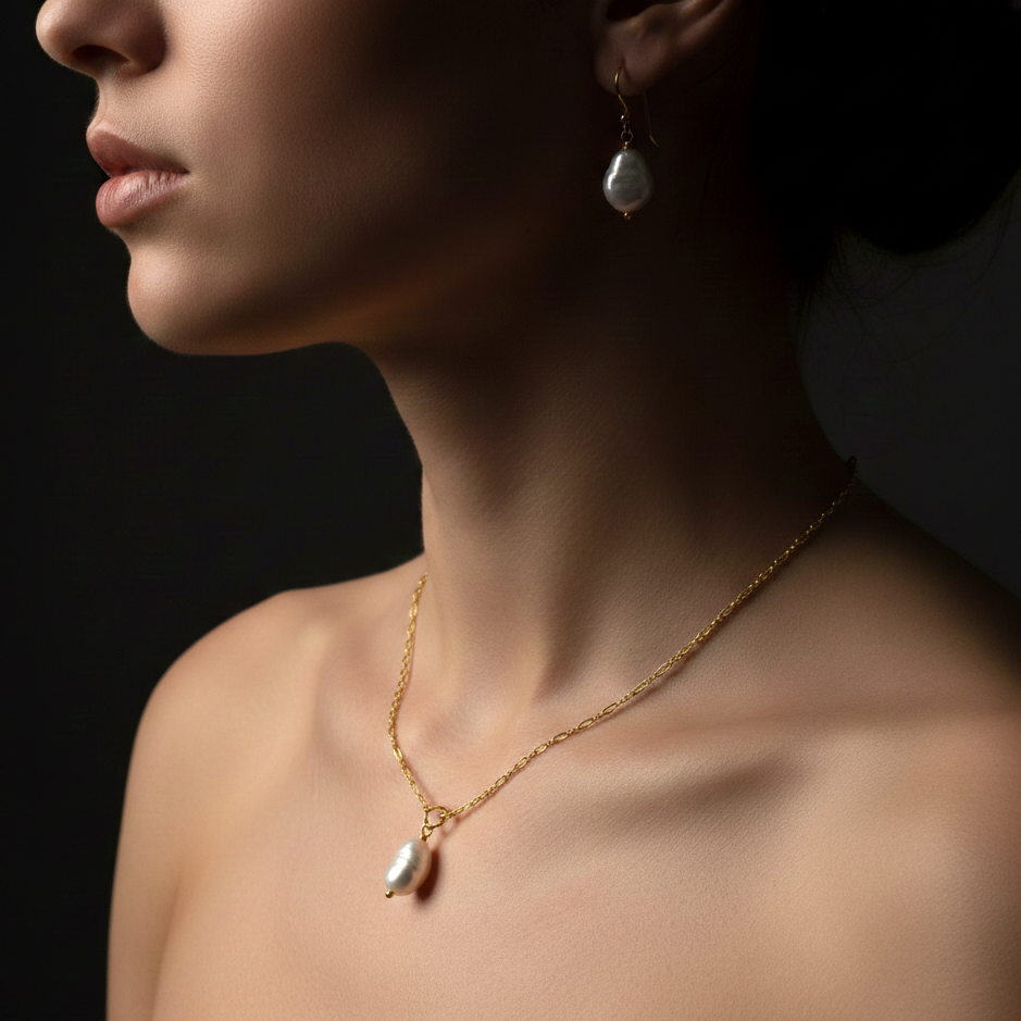 Baroque Keshi Pearl Jewelry Set - 925 Sterling Silver 18k Gold…