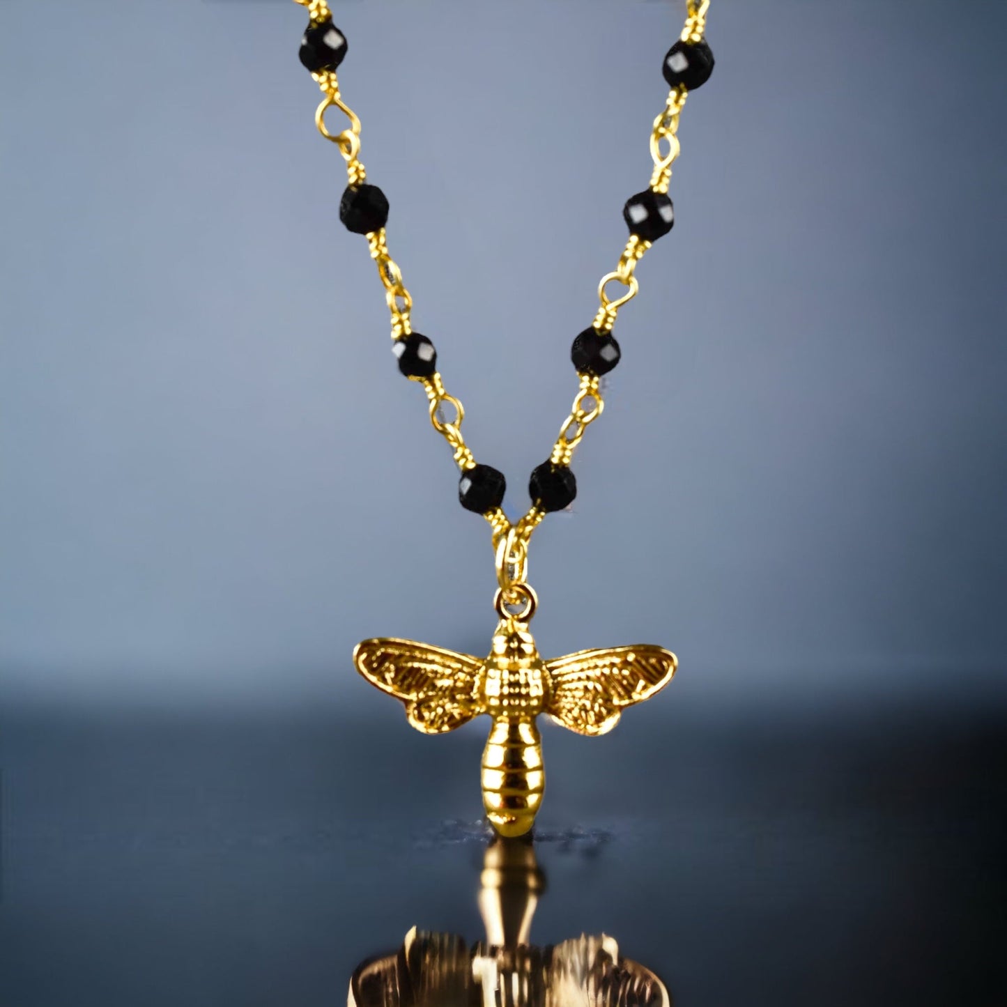 Gold Bumblebee Necklace with Onyx - Gemstone Chain with Petite Bees…