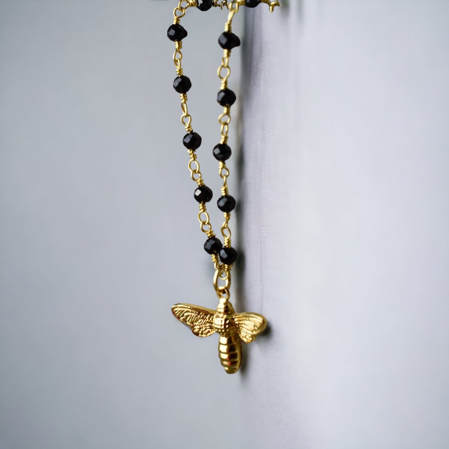 Gold Bumblebee Necklace with Onyx - Gemstone Chain with Petite Bees…