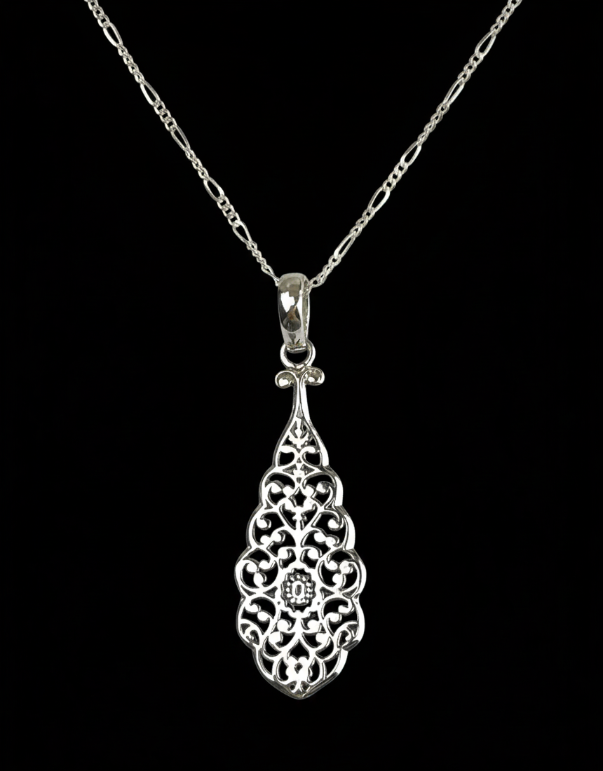 925 Sterling Silver Necklace with Oriental Filigree Pendant | 50 cm