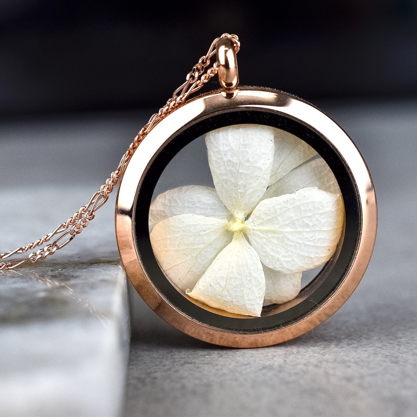 925 Rose Gold Plated Necklace with Real Hydrangea Blossoms