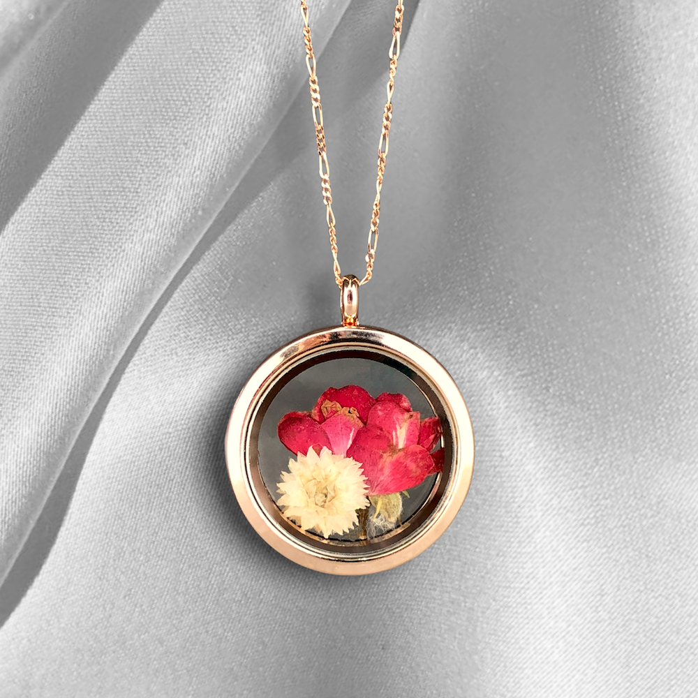 Real Rose and Chrysanthemum 925 Sterling Rosegold Gilded Medaillon Chain
