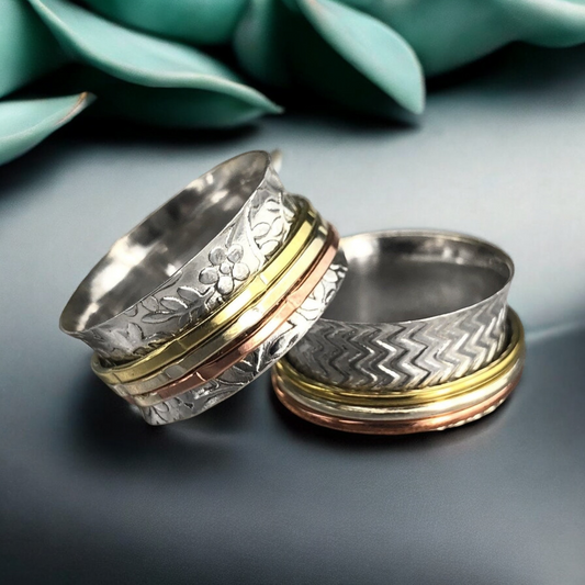 Floral meditation ring with three-colored ribbon - 925 sterling…