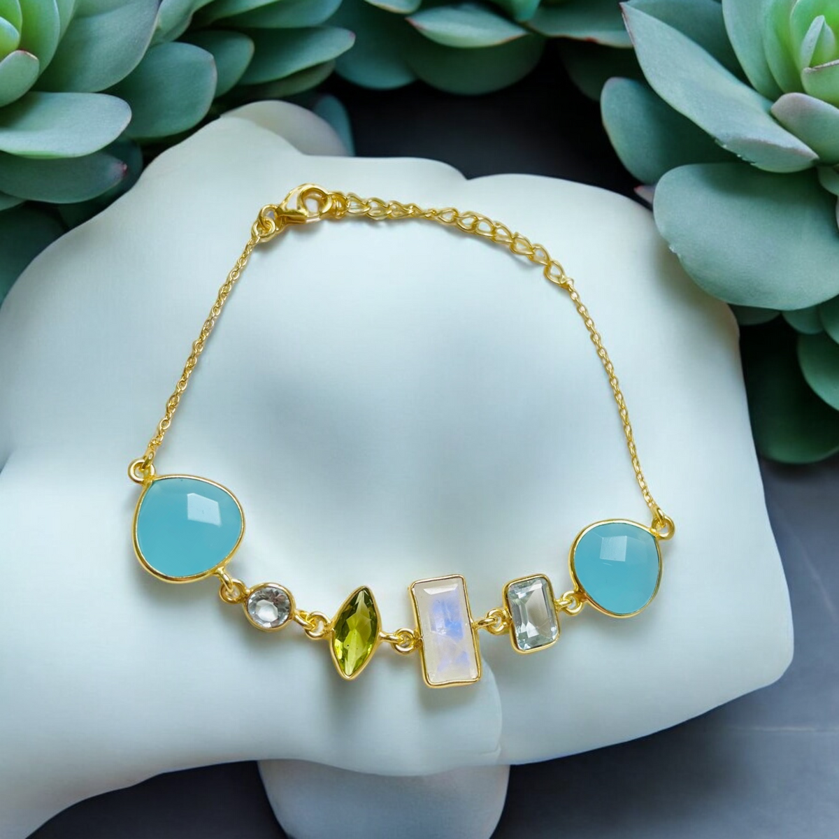 Multi Gemstone Bracelet - 925 Sterling Gold Gold-Plated with Peridot, Aquamarine, Chalcedony and Moonstone - ARM925-15