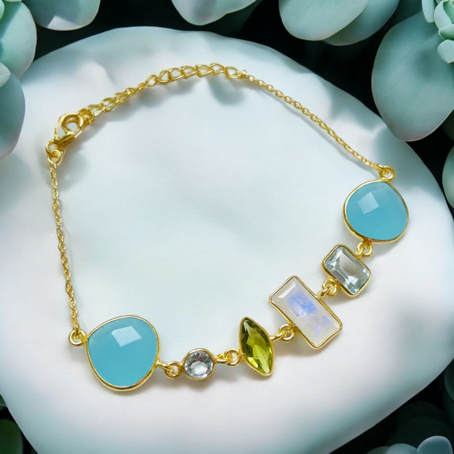 Multi Gemstone Bracelet - 925 Sterling Gold plated with Peridot…
