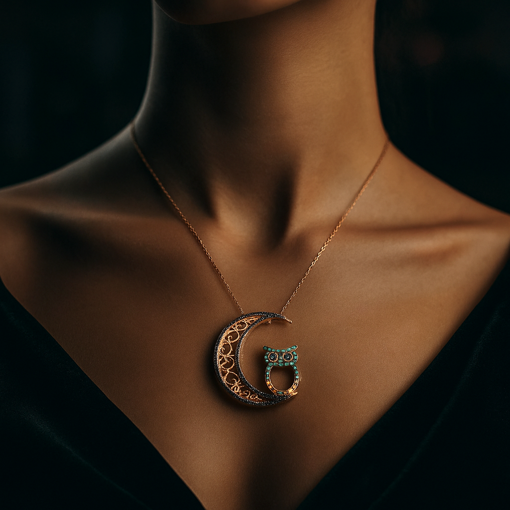 Luna Noctua - 14k 14k Gold Necklace with Moon and Owl Pendant, Rose…