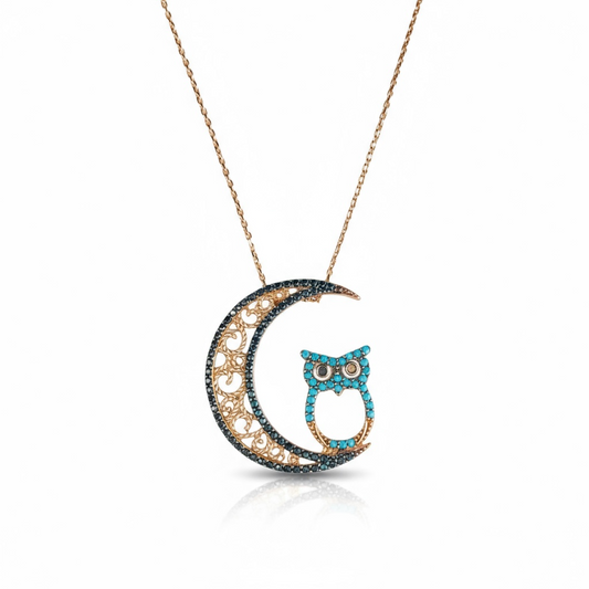 Luna Noctua - 14k 14k Gold Necklace with Moon and Owl Pendant, Rose…