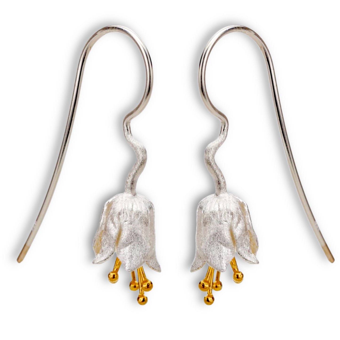 Bellflower Earrings - 925 Sterling Silver Gold Plated - Matte Stamens