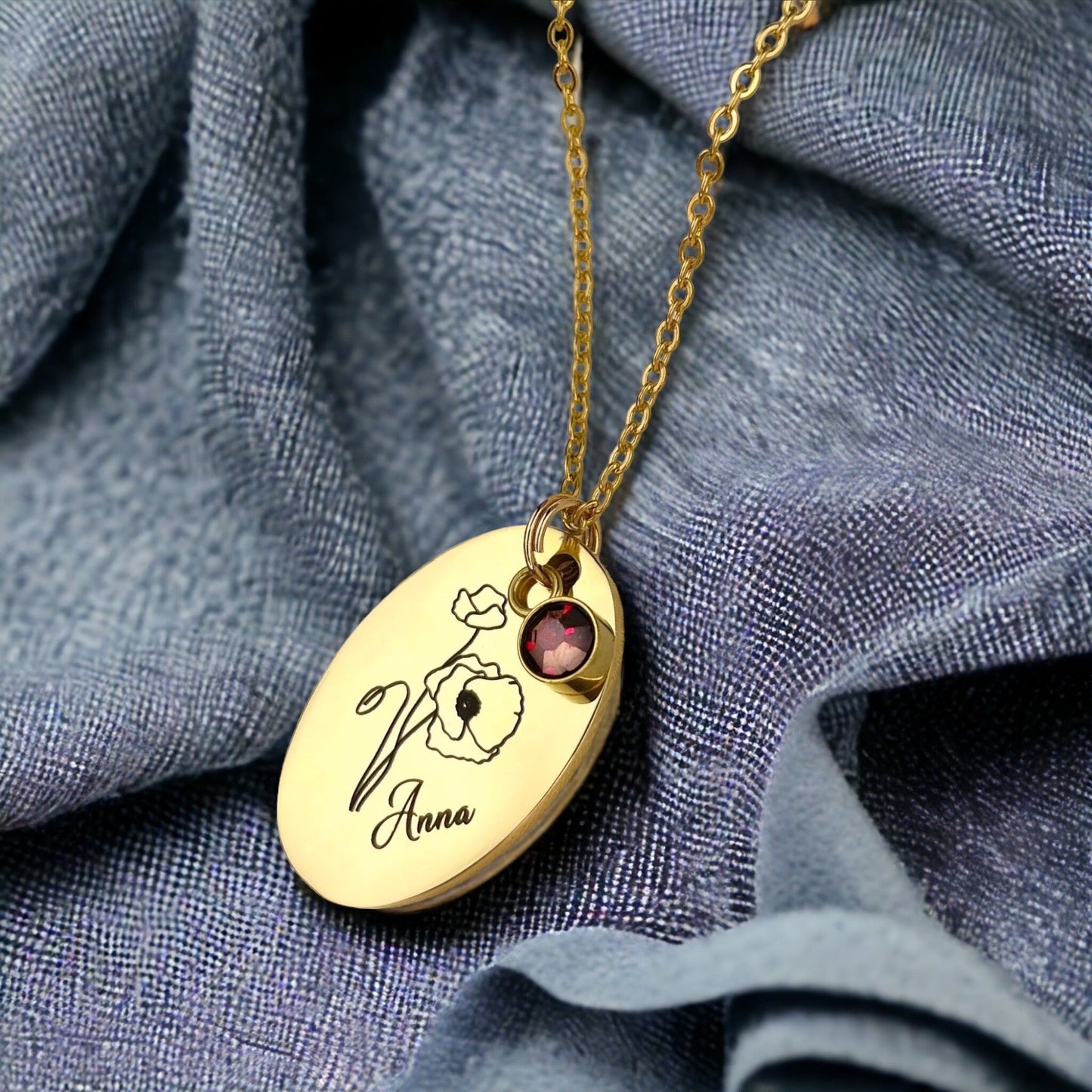 Personalizable BIRTHFLOWER engraving necklace with birthstone