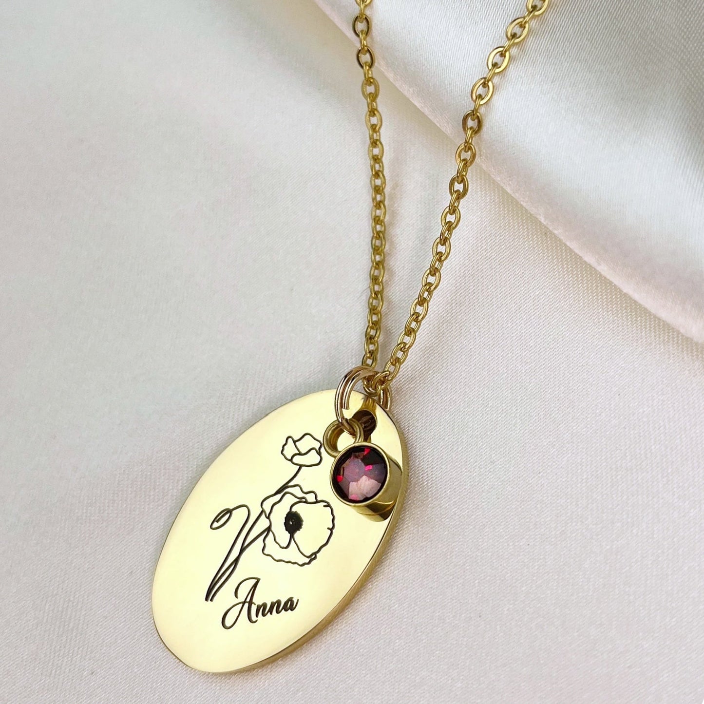 Personalizable BIRTHFLOWER engraving necklace with birthstone