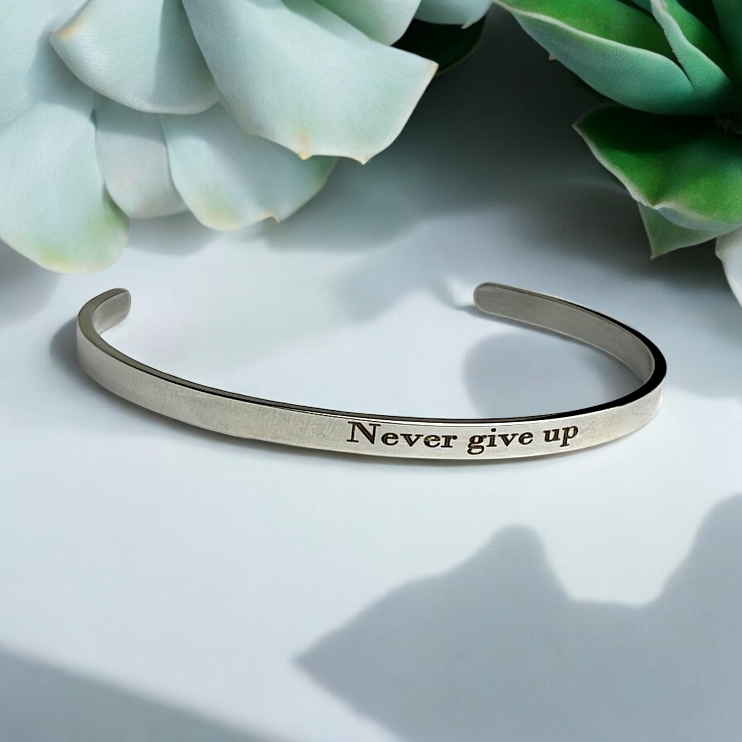 Never Give Up — Minimalist Stainless Steel Bangle in Silver with…