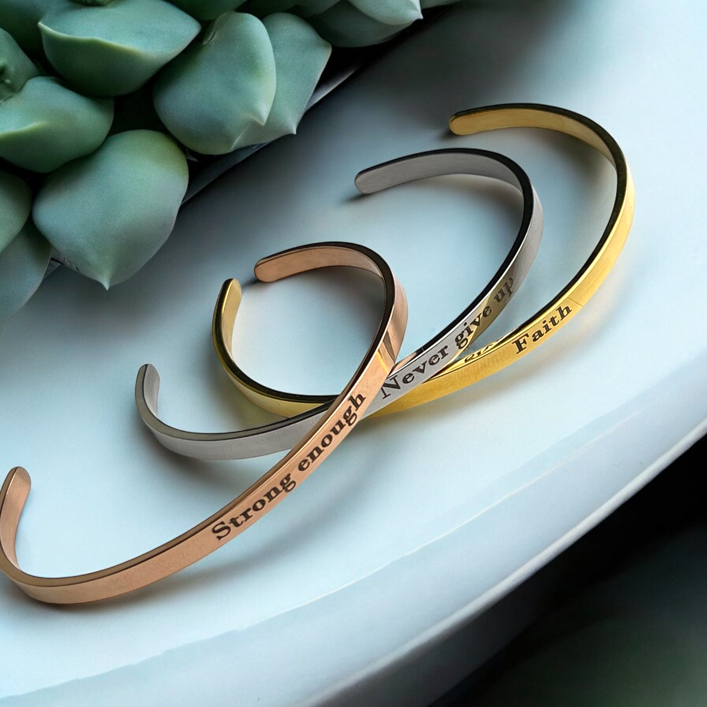 Never Give Up — Minimalist Stainless Steel Bangle in Silver with…